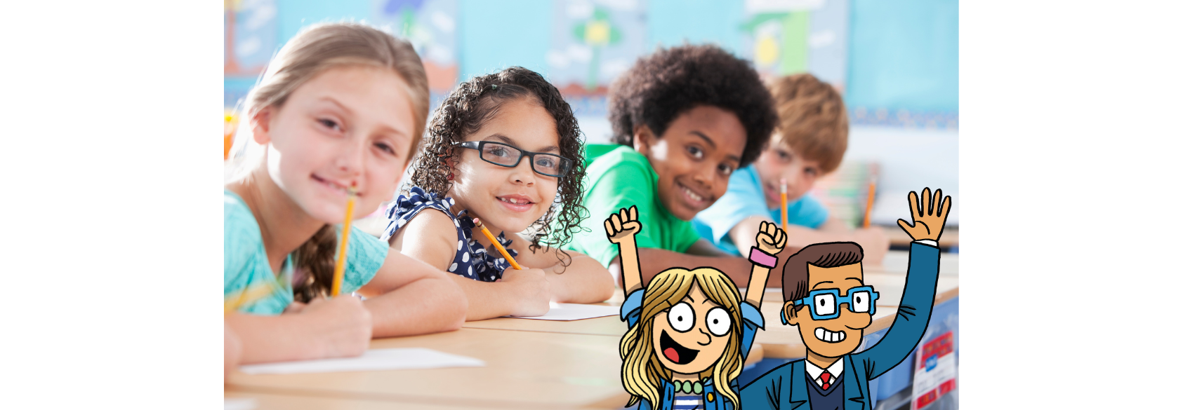 A group of smiling elementary school students sit at a classroom table holding pencils and writing on paper. Two cheerful cartoon characters—a girl with blond hair and a boy with glasses and a suit—are added in the foreground, raising their hands enthusiastically.