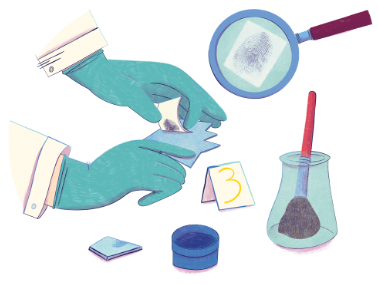 Illustration of a scientist’s gloved hands examining evidence. One hand holds a paper while the other uses a tool to lift a fingerprint. Nearby are investigation items including a magnifying glass showing a fingerprint, a labeled evidence marker with the number 3, a brush, powder jar, and small containers used for collecting forensic samples.