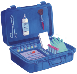 Illustration of an open blue forensic toolkit case containing various investigation supplies. Inside are test tubes, tweezers, a bottle labeled “Luminol,” a brush, gloves, swabs, slides, and paper sheets—tools typically used by scientists or detectives to collect and analyze evidence at a crime scene.
